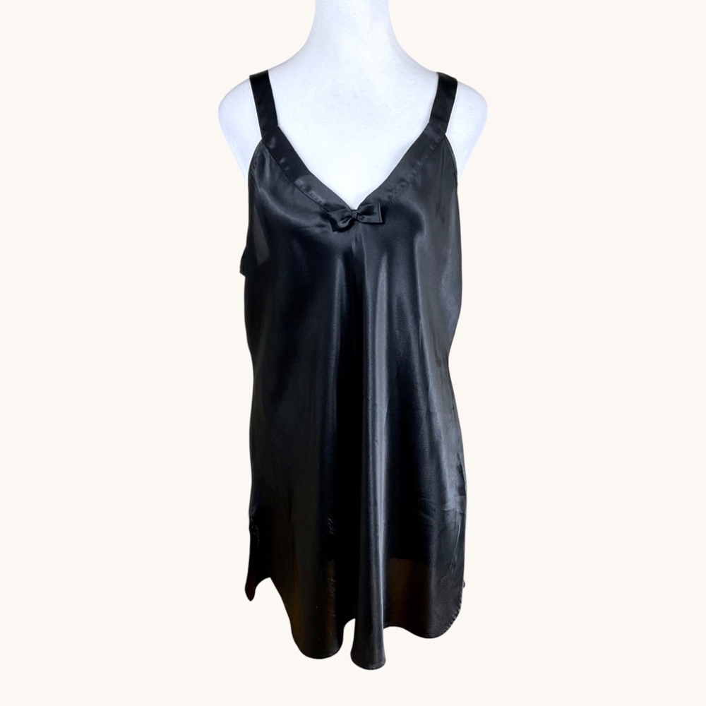 Vintage Slip Dress in Black V-Neck Bow (L)